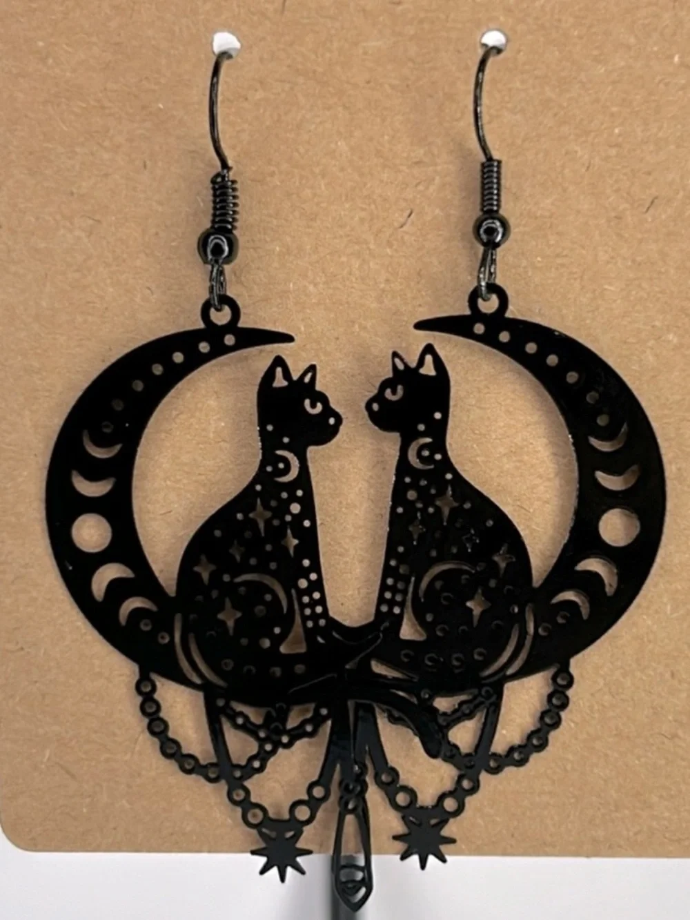 Cat On Moon Black Brass Dangle Earrings Elegant Fun Fashion Jewelry